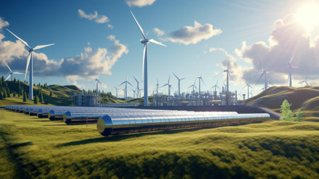 Hydrogen gas pipeline renewable energy production - Hydrogen power for clean electricity solar and wind turbine. artificial artの素材