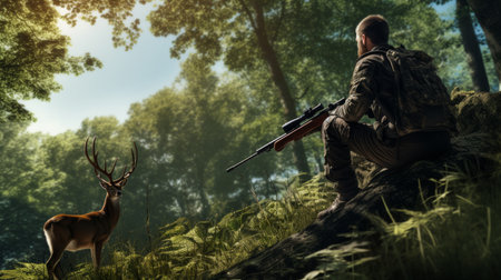Armed Hunter with Deer in Forest. artificial artの素材
