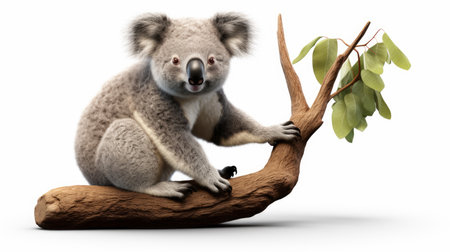 Beautiful Koala bear sitting on branch isolated on white background. artificial artの素材