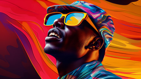 Colorful portrait of young male, looking amazed. Colorful graphic illustration concept. Artificial art.の素材
