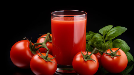 Fresh tomato juice in a glass with tomatoes and basil on black background. Artificial artの素材