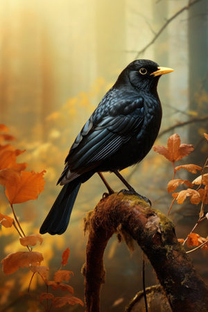 Beautiful dark blackbird isolated on natural background, artificial artの素材