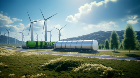 Hydrogen gas pipeline renewable energy production - Hydrogen power for clean electricity solar and windturbine. artificial artの素材