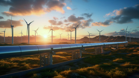 Hydrogen gas pipeline renewable energy production - Hydrogen power for clean electricity solar and windturbine. artificial artの素材