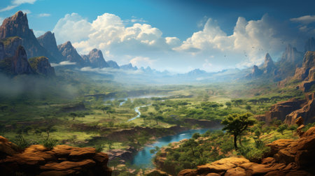 Fantasy landmark scenery with mountains and clouds. artificial artの素材