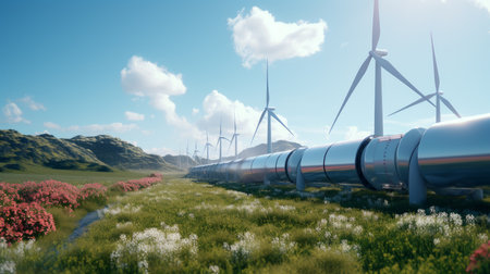 Hydrogen gas pipeline renewable energy production - Hydrogen power for clean electricity solar and windturbine. artificial artの素材