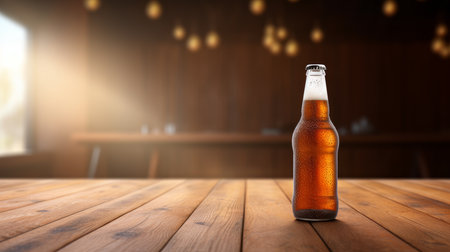 Fresh cold bottle of beer on wood table with copyspace concept. artificial artの素材