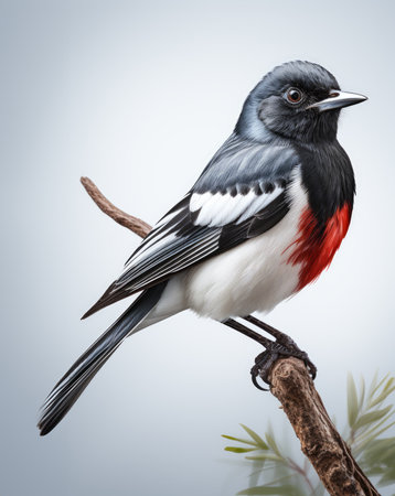 Beautiful wagtail sitting on a branch isolated on bright background. artificial artの素材