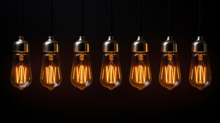 Vintage illuminated light bulbs in a row on dark background. - concept for new Ideas.  artificial artの素材