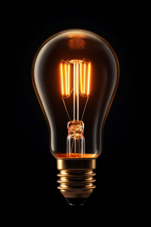 Illuminated vintage light bulb isolated on black background. artificial artの素材