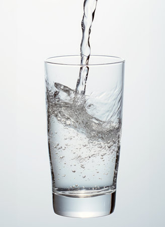 Pouring water in a glass isolated on bright background. artificial artの素材