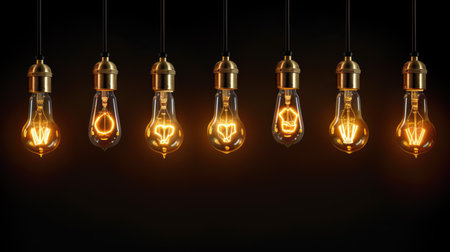 Vintage illuminated light bulbs in a row on dark background. - concept for new Ideas.  artificial artの素材