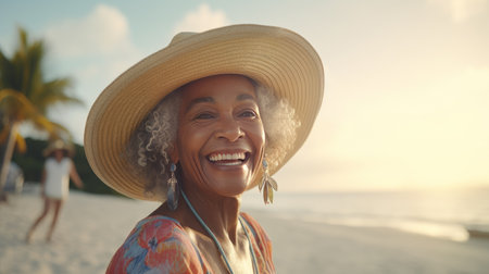 Attractive Black elderly woman in her eighties on beach. artificial artの素材