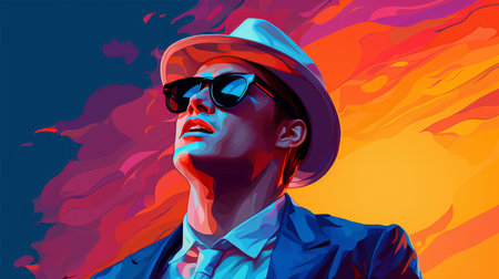 Colorful portrait of young male, looking astonished. Colorful graphic illustration concept. Artificial art.の素材