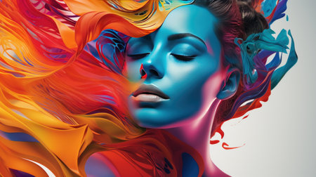 Expressive profile of a woman glamorous colorful gradients. Brain Splash Concept. Artificial Artの素材