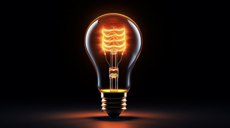 Illuminated vintage light bulb isolated on black background. artificial artの素材