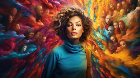 Young woman surround blurry people disappear in the colorful background. Artificial Artの素材