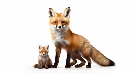 Beautiful female fox with her baby fox isolated on white background. artificial artの素材
