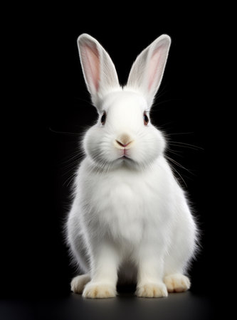 Sitting white rabbit isolated on black background. artificial artの素材