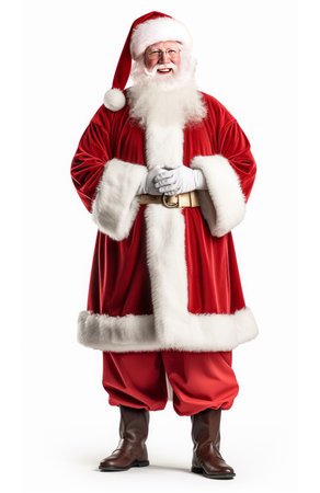 Studio shot of happy Santa Clause with eye glasses and a long white beard and white background. Picture created with Artificial Art.の素材