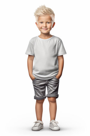 Happy boy child with short blond hair isolated on white background. artificial artの素材