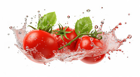 Fresh tomatoes with water splash on white background, generative aiの素材