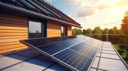 Modern house with solar panels on the roof. generative AIの素材