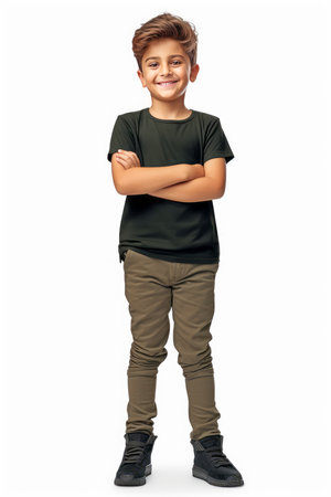 Cheerful turkish child boy with brunette short hair isolated on white background. artificial artの素材