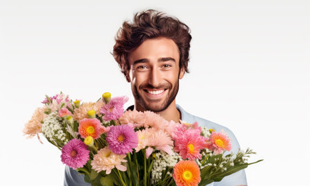 Happy smiling man holding bunch of flowers isolated on white background. generative AIの素材