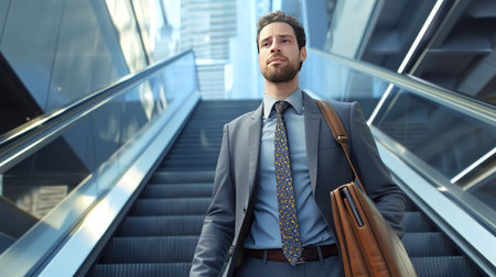 Attractive businessman on an escalator on his way to office. generative AIの素材