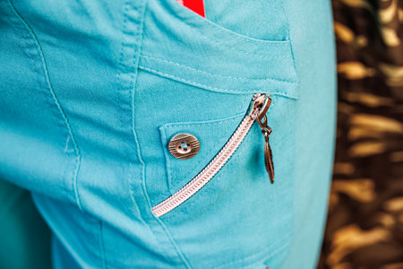 Zippered trouser pocket of casual trousers in detailの写真素材