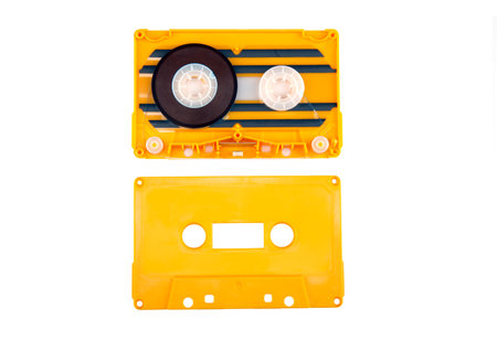 Opened vintage audio tape isolated on white backgroundの写真素材