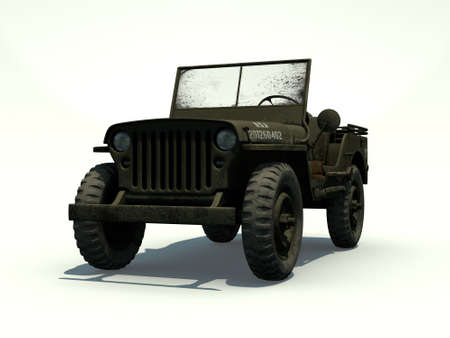 Front View of a 3D Rendered Willys Jeep on a White Backgroundの写真素材