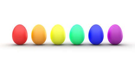 3D Rendering of a Line of Rainbow Colored Easter Eggsの写真素材