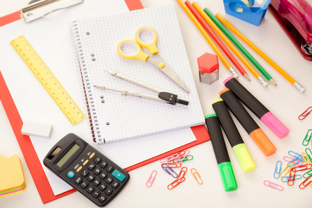 Colorful school or college equipment. Education, office and creative concept.の写真素材
