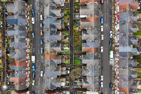An aerial view of rows of terraced houses and streets in the North of England with copy spaceの写真素材