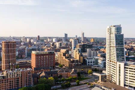 LEEDS, UK - JUNE 2, 2021.  Aerial cityscape view of Leeds city skyline at sunsetのeditorial素材