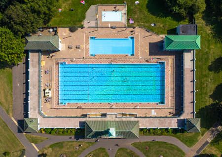 PETERBOROUGH, UK - SEPTEMBER 6, 2021.  An aerial view of the Peterborough Vivacity Lido which is a popular outdoor swimming pool in Summer sunshineのeditorial素材
