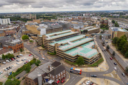 PETERBOROUGH, UK -  SEPTEMBER 10, 2021.  An aerial view of the The Queensgate shopping centre in Peterboroughのeditorial素材