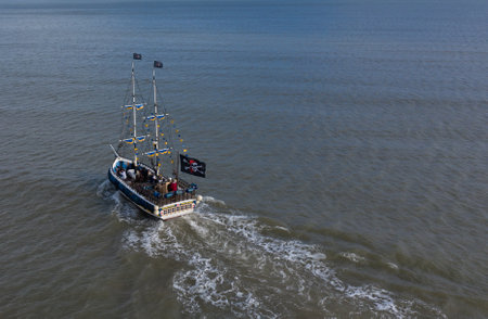 BRIDLINGTON, UK - OCTOBER 22, 2021.  An aerial view of the pleasure cruise pirate ship at Bridlington Harbourのeditorial素材