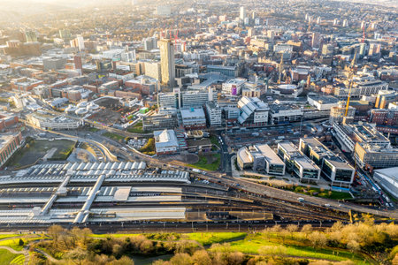 SHEFFIELD, UK - DECEMBER 16, 2021. Aerial view of Sheffield city skyline which is a target of the UK Governmentâs redevelopment levelling up scheme in the North South divideのeditorial素材