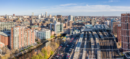 LEEDS TRAIN STATION, LEEDS, UK, - DECEMBER 10, 2021.  An aerial cityscape view of Leeds railway station providing transport links to the West Yorkshire conurbationのeditorial素材