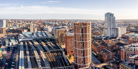 LEEDS TRAIN STATION, LEEDS, UK, - DECEMBER 10, 2021.  An aerial cityscape view of Leeds railway station providing transport links to the West Yorkshire conurbationのeditorial素材