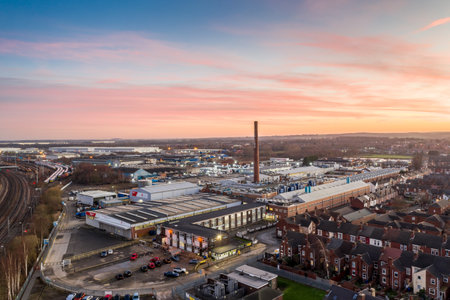 DONCASTER, UK - JANUARY 12, 2022.  An aerial view of The Pegler Yorkshire factory site in Doncaster at sunsetのeditorial素材