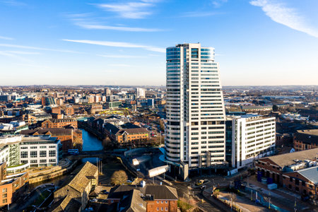 LEEDS, UK - JANUARY 14, 2022.  An aerial view of the Bridgewater Place skyscraper in Granary Wharf, Leedsのeditorial素材