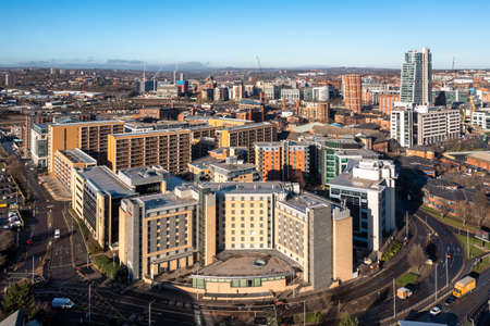 HOLBECK, LEEDS, UK - JANUARY 17, 2022.  An aerial panoramic view of the buildings and architecture in a Leeds city centre skyline from the Holbeck districtのeditorial素材