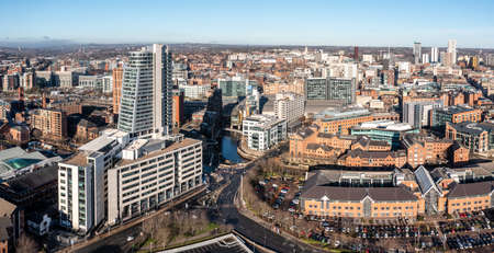 LEEDS, UK - JANUARY 17, 2022.  An aerial view of Leeds city centre skyline with Bridgewater Place and the ASDA Head Office buildingsのeditorial素材
