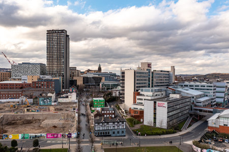 SHEFFIELD, UK - MARCH 10, 2022.  Aerial view of The Arts Tower and Sheffield Hallam University buildings in a Sheffield cityscape skylineのeditorial素材