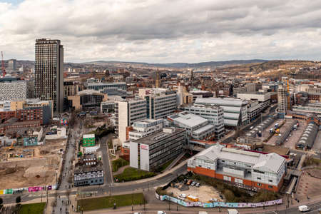 SHEFFIELD, UK - MARCH 10, 2022.  Aerial view of The Arts Tower and Sheffield Hallam University buildings in a Sheffield cityscape skylineのeditorial素材