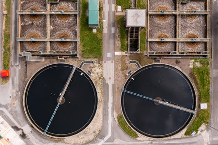 An aerial view of A Water Treatment Plant with effluent and septic tanks of dirty water being purified into drinking waterの写真素材
